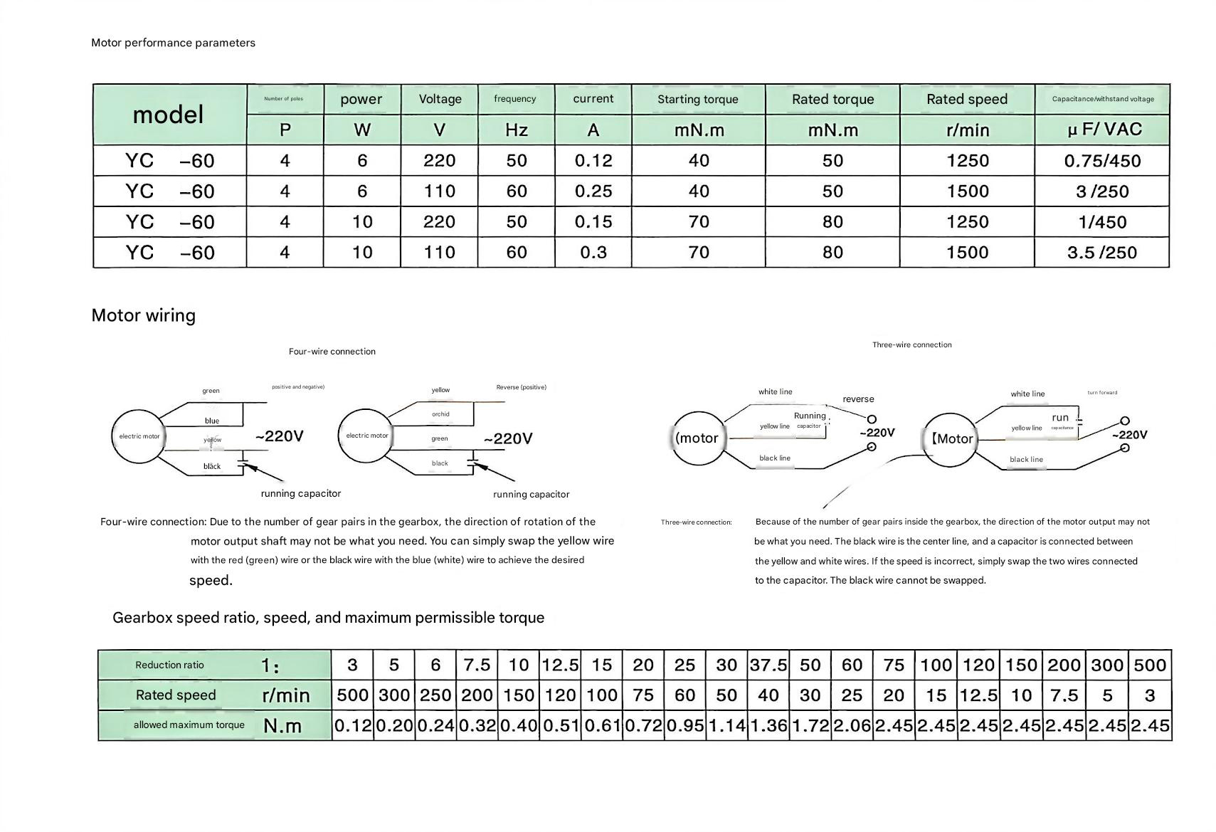 YC-60 performance parameters table